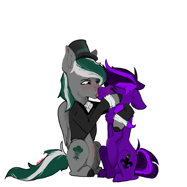 Size: 5000x5000 | Tagged: artist needed, safe, derpibooru import, oc, oc:kioshka, oc:octaver, earth pony, pegasus, pony, derpibooru community collaboration, 2022 community collab, earth pony oc, hat, image, kissing, png