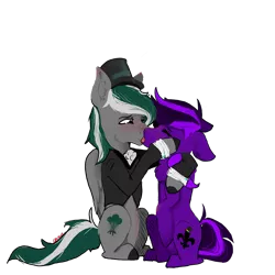 Size: 5000x5000 | Tagged: artist needed, safe, derpibooru import, oc, oc:kioshka, oc:octaver, earth pony, pegasus, pony, derpibooru community collaboration, 2022 community collab, earth pony oc, hat, image, kissing, png