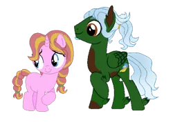 Size: 1392x1026 | Tagged: safe, artist:idkhesoff, derpibooru import, oc, oc:morning glisten, oc:windfall, unofficial characters only, pegasus, pony, unicorn, derpibooru community collaboration, 2022 community collab, duo, female, filly, image, male, markings, png, raised hoof, simple background, stallion, transparent background