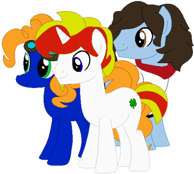 Size: 1014x910 | Tagged: safe, artist:jadeharmony, artist:selenaede, derpibooru import, oc, oc:badgering badger, oc:lucky charm, oc:silly scribe, unofficial characters only, earth pony, pegasus, pony, unicorn, derpibooru community collaboration, 2022 community collab, bandana, base used, clothes, goggles, image, male, png, simple background, stallion, sweater, transparent background, trio