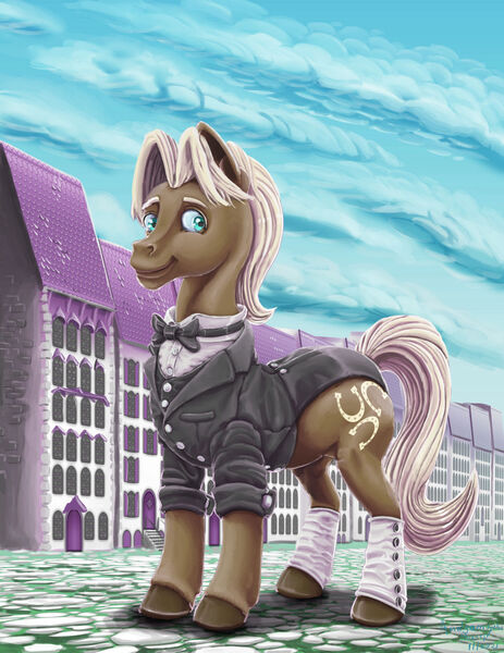 Size: 1024x1326 | Tagged: safe, artist:amalgamzaku, derpibooru import, beaude mane, pony, clothes, image, jpeg, solo, spats