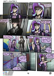 Size: 1000x1415 | Tagged: safe, artist:deroach, derpibooru import, starlight glimmer, twilight sparkle, twilight sparkle (alicorn), oc, oc:daylight, alicorn, human, comic:tales from equestria part 1, fanfic, fanfic:equestria project humanized, alternative cutie mark placement, clothes, comic, cutie mark, cutie mark on clothes, cutie mark on human, humanized, image, png, school of friendship, shoulder cutie mark, stained glass, stairs, tinyface, winged humanization, wings