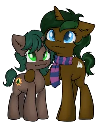 Size: 2420x2719 | Tagged: safe, artist:dumbwoofer, derpibooru import, oc, oc:pine shine, oc:rosetta spring, unofficial characters only, pony, unicorn, age difference, clothes, embrace, female, image, mare, png, scarf, siblings, simple background, sisters, size difference, transparent background