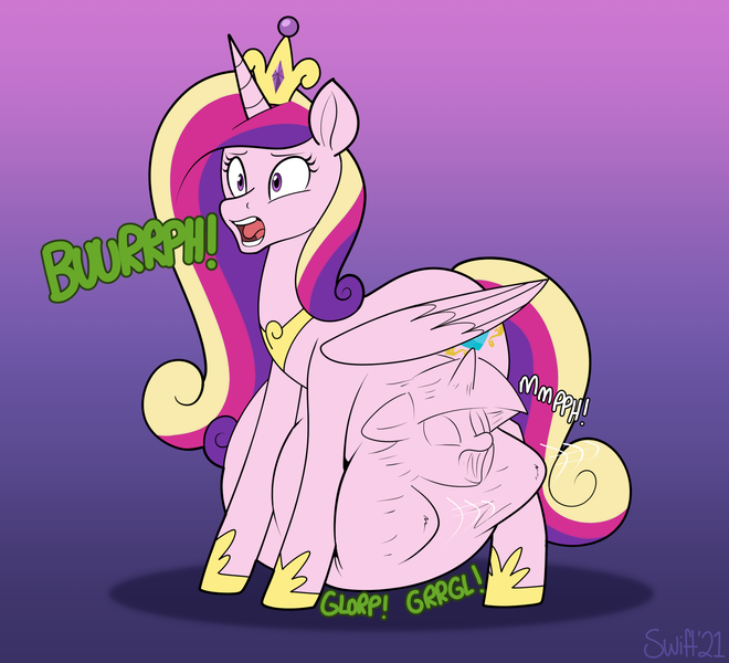 Size: 2066x1878 | Tagged: questionable, artist:swiftsketchpone, derpibooru import, princess cadance, twilight sparkle, alicorn, pony, belly, big belly, burp, cadancepred, crown, digestion, female, folded wings, gradient background, hoof shoes, image, jewelry, mare, muffled words, onomatopoeia, open mouth, oral vore, peytral, png, preylight, regalia, same size vore, simple background, stomach noise, struggling, tight bulge, vore, wings