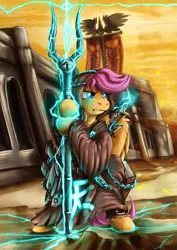 Size: 1237x1750 | Tagged: safe, artist:jamescorck, derpibooru import, scootaloo, anthro, earth pony, clothes, crossover, electricity, female, image, png, solo, video game crossover, warhammer 40k, warhammer (game)