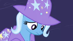 Size: 1920x1080 | Tagged: safe, derpibooru import, screencap, trixie, pony, magic duel, season 3, cape, clothes, female, hat, image, looking down, mare, png, sad, solo, trixie's cape, trixie's hat