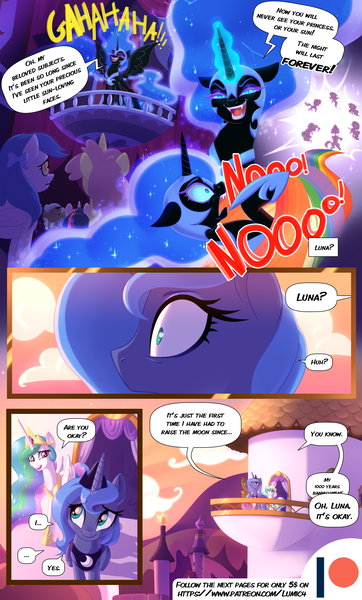 Size: 3541x5871 | Tagged: safe, artist:lummh, artist:regendary, derpibooru import, applejack, fluttershy, nightmare moon, pinkie pie, princess celestia, princess luna, rainbow dash, rarity, twilight sparkle, alicorn, earth pony, pony, unicorn, comic:the princess of love, friendship is magic, canterlot, canterlot castle, comic, element of generosity, element of honesty, element of kindness, element of laughter, element of loyalty, element of magic, elements of harmony, image, laughing, magic, mane six, png, rainbow, rainbow power, sunset, unicorn twilight, young luna