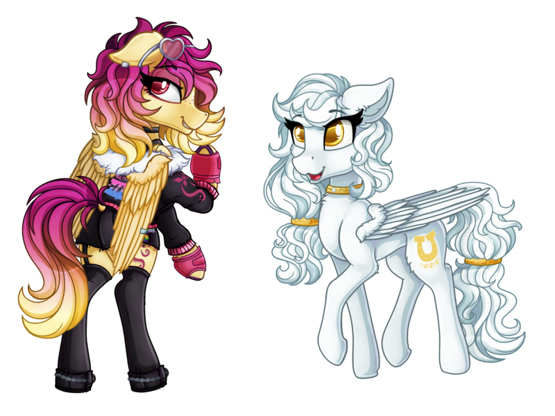 Size: 2200x1650 | Tagged: safe, artist:stainedglasslighthea, derpibooru import, oc, oc:aurelia, oc:sunrise skies, unofficial characters only, pegasus, pony, derpibooru community collaboration, 2022 community collab, bedroom eyes, bipedal, bisexual pride flag, boots, butt, choker, clothes, commission, duo, ear piercing, earring, eyeshadow, female, fingerless gloves, freckles, gay pride flag, gloves, grin, image, jacket, jewelry, makeup, mare, open mouth, piercing, plot, png, pride, pride flag, raised hoof, shoes, shorts, simple background, smiling, socks, stockings, sunglasses, tanktop, thigh highs, transparent background, unshorn fetlocks