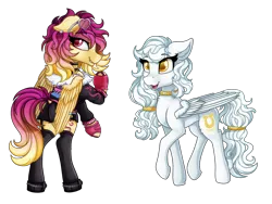 Size: 2200x1650 | Tagged: safe, artist:stainedglasslighthea, derpibooru import, oc, oc:aurelia, oc:sunrise skies, unofficial characters only, pegasus, pony, derpibooru community collaboration, 2022 community collab, bedroom eyes, bipedal, bisexual pride flag, boots, butt, choker, clothes, commission, duo, ear piercing, earring, eyeshadow, female, fingerless gloves, freckles, gay pride flag, gloves, grin, image, jacket, jewelry, makeup, mare, open mouth, piercing, plot, png, pride, pride flag, raised hoof, shoes, shorts, simple background, smiling, socks, stockings, sunglasses, tanktop, thigh highs, transparent background, unshorn fetlocks