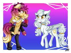 Size: 2200x1650 | Tagged: safe, alternate version, artist:stainedglasslighthea, derpibooru import, oc, oc:aurelia, oc:sunrise skies, unofficial characters only, pegasus, pony, bedroom eyes, bipedal, bisexual pride flag, boots, butt, choker, clothes, commission, duo, ear piercing, earring, eyeshadow, female, fingerless gloves, freckles, gay pride flag, gloves, grin, image, jacket, jewelry, makeup, mare, open mouth, piercing, plot, png, pride, pride flag, raised hoof, shoes, shorts, smiling, socks, stockings, sunglasses, tanktop, thigh highs, unshorn fetlocks