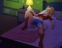 Size: 6600x5100 | Tagged: suggestive, artist:thehuskylord, derpibooru import, applejack, human, applejack's hat, bed, bedroom, bedroom eyes, bedsheets, boots, breasts, busty applejack, cleavage, clothes, condom, cowboy boots, cowboy hat, daisy dukes, drawer, end table, hat, humanized, image, lamp, lip bite, looking at you, lube, midriff, picture frame, pillow, png, ponytail, shoes, shorts, smiling, smiling at you