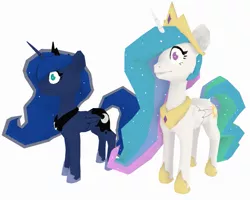 Size: 1245x997 | Tagged: safe, artist:marsminer, derpibooru import, princess celestia, princess luna, alicorn, pony, 3d, crown, duo, duo female, female, folded wings, full body, hoof shoes, horn, image, jewelry, mare, no pupils, peytral, png, regalia, simple background, standing, vrchat, white background, wings