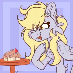 Size: 1993x2000 | Tagged: safe, artist:tizhonolulu, derpibooru import, derpy hooves, pegasus, pony, food, happy, image, muffin, png, solo, table
