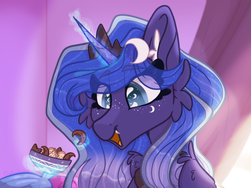 Size: 2160x1620 | Tagged: safe, artist:tizhonolulu, derpibooru import, princess luna, alicorn, pony, chocolate, cookie, curtains, food, freckles, happy, image, levitation, magic, png, smiling, solo, telekinesis