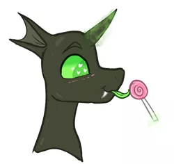 Size: 1113x1051 | Tagged: safe, artist:tizhonolulu, derpibooru import, oc, changeling, pony, blushing, candy, fangs, food, image, lollipop, magic, png, solo, tongue out