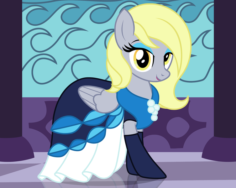 Size: 2113x1684 | Tagged: safe, artist:badumsquish, derpibooru import, derpy hooves, pegasus, pony, alternate hairstyle, beautiful, clothes, cutie mark, cutie mark on clothes, derpibooru exclusive, dress, eyeshadow, female, folded wings, gala dress, grand galloping gala, image, jewelry, kneesocks, lidded eyes, lipstick, looking at you, makeup, mare, palace, png, pose, smiling, socks, solo, wings