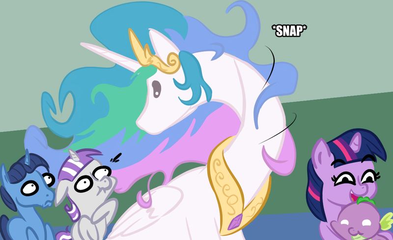 Size: 1132x691 | Tagged: safe, artist:velgarn, derpibooru import, night light, princess celestia, spike, twilight sparkle, twilight velvet, alicorn, dragon, pony, unicorn, baby, baby dragon, baby spike, cropped, female, filly, happy, hug, image, male, mama twilight, mare, menacing, neck snap, png, scared, stallion, young twilight, younger