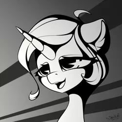Size: 1920x1920 | Tagged: oc name needed, safe, artist:stahlkat, derpibooru import, oc, unofficial characters only, pony, unicorn, ahoge, black and white, bust, digital art, ear fluff, eyelashes, floppy ears, grayscale, horn, image, jpeg, looking at something, monochrome, open mouth, portrait, signature, solo, teeth, unicorn oc