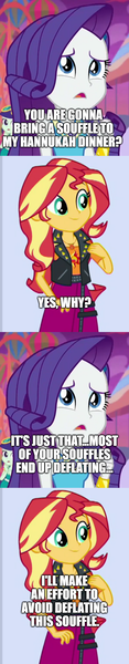 Size: 500x2565 | Tagged: safe, derpibooru import, edit, edited screencap, screencap, rarity, sunset shimmer, equestria girls, equestria girls series, comic, hanukkah, image, jew rarity, png, screencap comic, souffle