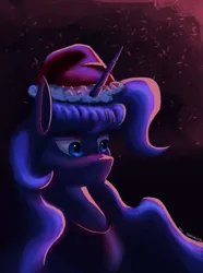 Size: 1500x2019 | Tagged: safe, artist:trotski432, derpibooru import, princess luna, alicorn, bust, christmas, hat, holiday, horn, image, jewelry, png, portrait, regalia, santa hat, snow