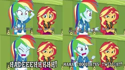 Size: 1877x1047 | Tagged: safe, derpibooru import, rainbow dash, sunset shimmer, equestria girls, equestria girls series, holidays unwrapped, spoiler:eqg series (season 2), angry, dreamworks face, duo, duo female, eyes closed, female, frown, groan, image, indonesia, jpeg, meme, open mouth, rage, ragebow dash, smiling, smirk, smugset shimmer, teeth