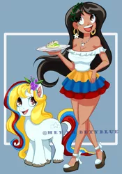 Size: 2501x3565 | Tagged: safe, artist:hey-im-betyblue, derpibooru import, oc, oc:valencia vineyard, unofficial characters only, earth pony, human, pony, clothes, dress, ear piercing, earring, female, flower, flower in hair, food, human ponidox, humanized, humanized oc, image, jewelry, mare, multicolored hair, necklace, open mouth, piercing, plate, png, self paradox, self ponidox, skirt, solo, unshorn fetlocks, venezuela