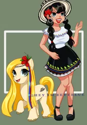 Size: 2501x3565 | Tagged: safe, artist:hey-im-betyblue, derpibooru import, oc, oc:isabella blend, unofficial characters only, earth pony, human, pony, clothes, colombia, ear piercing, earring, female, flower, flower in hair, hat, high heels, human ponidox, humanized, humanized oc, image, jewelry, lipstick, makeup, mare, multicolored hair, open mouth, piercing, png, self paradox, self ponidox, shirt, shoes, skirt, solo, unshorn fetlocks