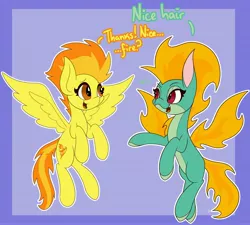 Size: 4096x3682 | Tagged: safe, artist:mrneo, derpibooru import, spitfire, dragon, hybrid, longma, pegasus, them's fightin' herds, community related, dialogue, fire, flying, image, jpeg, tianhuo (tfh), wings