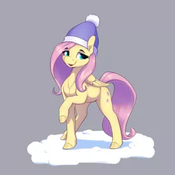 Size: 3200x3200 | Tagged: safe, artist:aquaticvibes, derpibooru import, fluttershy, pegasus, pony, eyebrows, eyebrows visible through hair, female, gray background, hat, high res, image, mare, open mouth, open smile, png, raised hoof, simple background, smiling, snow, solo, winter hat