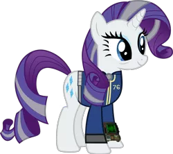 Size: 3371x3000 | Tagged: safe, artist:cloudyglow, artist:ponygamer2020, derpibooru import, rarity, pony, unicorn, fallout equestria, the last problem, bags under eyes, clothes, eyeshadow, fallout, fallout 76, female, grey hair, image, jumpsuit, makeup, mare, older, older rarity, pip-boy 2000 mark vi, pipboy, png, simple background, skunk stripe, smiling, solo, transparent background, vault suit, vector