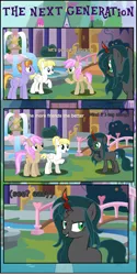 Size: 1764x3535 | Tagged: safe, artist:shootingstarsentry, derpibooru import, auburn vision, strawberry scoop, summer breeze, oc, oc:nightshade (digimonlover101), changepony, hybrid, pony, comic:the next generation, friendship student, image, interspecies offspring, offspring, parent:king sombra, parent:queen chrysalis, parents:chrysombra, png