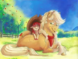 Size: 1280x973 | Tagged: safe, artist:earthsong9405, apple bloom, applejack, earth pony, pony, accessory swap, applejack's hat, bite mark, cowboy hat, female, filly, freckles, hat, image, jpeg, kerchief, looking at each other, mare, scar, siblings, sisterly love, sisters
