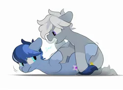 Size: 2593x1884 | Tagged: safe, artist:mochi_nation, derpibooru import, oc, oc:galaxy, oc:silver bolt, unofficial characters only, earth pony, pony, duo, female, fight, image, jpeg, lying down, mare, on back, pinned, simple background, white background