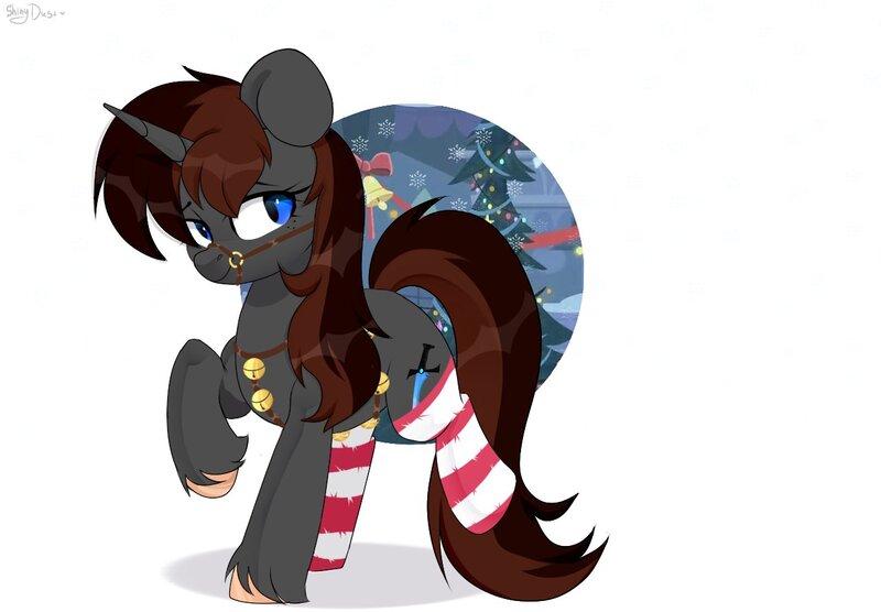 Size: 1280x889 | Tagged: safe, artist:shiny-dust, derpibooru import, oc, oc:twistae, unofficial characters only, pony, unicorn, bells, bridle, christmas, christmas tree, clothes, commission, female, freckles, holiday, image, jpeg, smiling, socks, solo, tack, tree, your character here