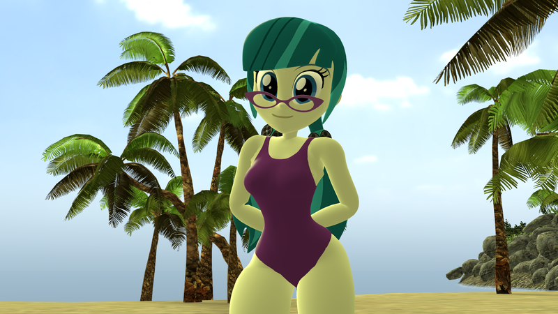 Size: 1920x1080 | Tagged: safe, artist:mr.uberrebu25, derpibooru import, juniper montage, equestria girls, 3d, beach, beach babe, breasts, busty juniper montage, clothes, hands behind back, image, leotard, one-piece swimsuit, png, purple swimsuit, solo, stupid sexy juniper montage, swimsuit, thighs