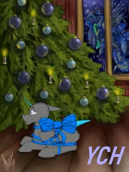 Size: 3000x4000 | Tagged: safe, artist:stirren, derpibooru import, princess luna, pony, bow, christmas, christmas tree, commission, holiday, image, looking at you, pine tree, png, present, tree, wrapped, your character here