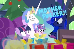 Size: 640x427 | Tagged: safe, artist:dm29, derpibooru import, princess celestia, princess flurry heart, princess luna, twilight sparkle, alicorn, pony, christmas, christmas tree, die hard, holiday, image, png, present, surprised, swearing, tree, vulgar, wide eyes