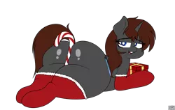 Size: 1072x676 | Tagged: suggestive, artist:blitzyflair, derpibooru import, oc, oc:twistae, unicorn, candy, candy cane, clothes, commission, fat, food, image, png, present, presenting, simple background, smiling, socks, solo, the ass was fat, thick, transparent background, ych result