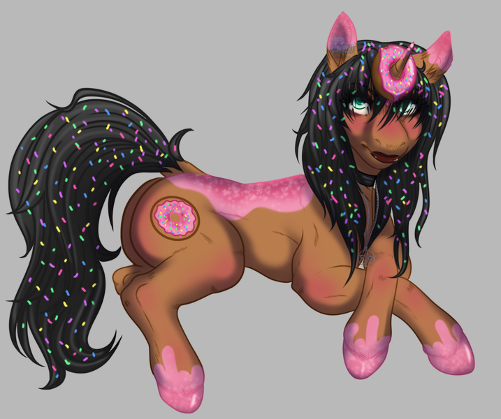 Size: 3816x3192 | Tagged: safe, artist:salemsalami, derpibooru import, oc, oc:donut daydream, ponified, food pony, original species, pony, unicorn, butt, choker, commission, donut, fetlock tuft, food, goth, image, pastry, plot, png, salem-succu, semi-realistic, solo