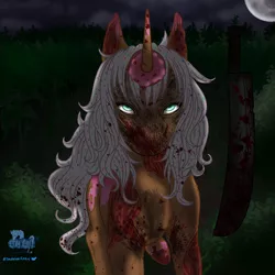 Size: 5000x5000 | Tagged: semi-grimdark, artist:salemsalami, derpibooru import, oc, oc:donut daydream, ponified, food pony, original species, pony, unicorn, background, blood, burned, donut, feral, food, friday the 13th, image, injured, mask, moon, png, weapon