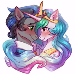 Size: 600x600 | Tagged: safe, artist:fenwaru, derpibooru import, king sombra, princess celestia, pony, unicorn, blushing, bust, celestibra, female, good king sombra, horn, horns are touching, image, jpeg, looking at each other, looking at someone, male, shipping, simple background, smiling, straight, transparent background