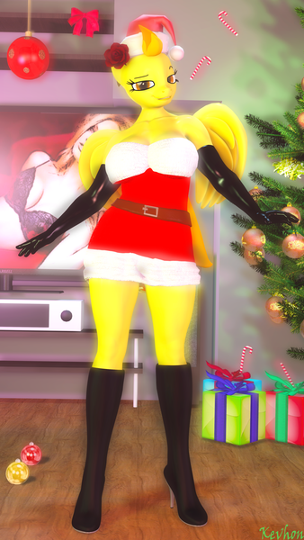 Size: 2160x3840 | Tagged: suggestive, artist:kevhon, derpibooru import, spitfire, anthro, human, pegasus, 3d, boots, bra, breasts, christmas, christmas lights, christmas tree, clothes, commission, costume, female, gloves, high heel boots, holiday, image, looking at you, png, present, santa costume, santa dress, shoes, solo, solo female, source filmmaker, television, tree, underwear, wings, ych result