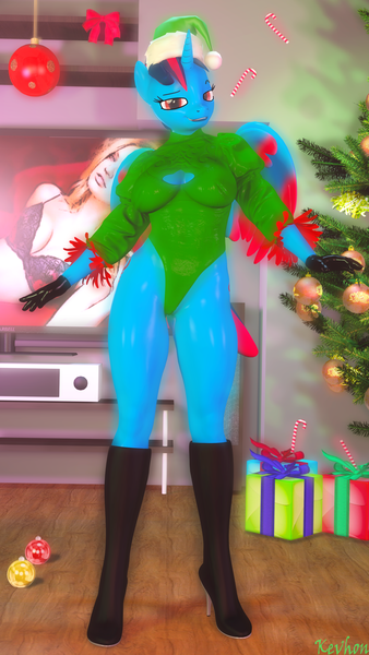 Size: 2160x3840 | Tagged: suggestive, artist:kevhon, derpibooru import, oc, oc:firestorm, alicorn, anthro, human, 3d, boots, bra, breasts, christmas, christmas lights, christmas tree, clothes, commission, female, gloves, hat, high heel boots, holiday, image, leotard, looking at you, png, present, santa hat, shoes, solo, solo female, source filmmaker, television, tree, underwear, wings, ych result