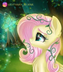 Size: 757x868 | Tagged: safe, artist:fluttershy_art.nurul, derpibooru import, applejack, fluttershy, pinkie pie, rainbow dash, rarity, twilight sparkle, butterfly, insect, pegasus, pony, fluttershy leans in, beautiful, beautiful eyes, cute, eyebrows, eyelashes, eyeshadow, forest, forest background, illustration, image, jpeg, leaf, makeup, mane six, parent:fluttershy, plant, plant vore, semi-realistic, shine, tree, wings