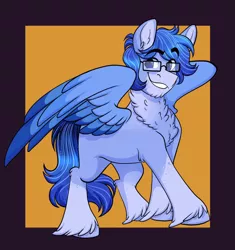 Size: 1202x1280 | Tagged: safe, artist:twisted-sketch, derpibooru import, oc, oc:soaring spirit, unofficial characters only, pegasus, pony, blaze (coat marking), chest fluff, coat markings, colored wings, commission, facial markings, glasses, image, jpeg, looking at you, male, neck fluff, pegasus oc, simple background, smiling, smiling at you, socks (coat marking), spread wings, stallion, unshorn fetlocks, wings
