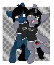 Size: 1693x2048 | Tagged: safe, artist:littleblackraencloud, derpibooru import, oc, ponified, ponified:kellin quinn, ponified:oliver sykes, earth pony, pony, unicorn, bipedal, bone, bring me the horizon, clothes, commission, disguise, disguised siren, duo, duo male, ear fluff, eye clipping through hair, fangs, frown, happy, horn, i'm with stupid, image, jewelry, jpeg, male, necklace, open mouth, raised leg, scar, shirt, sleeping with sirens, slit pupils, stallion, stitches, t-shirt, tattoo, ych result
