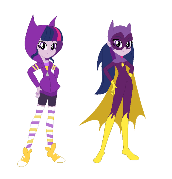 Size: 668x696 | Tagged: safe, artist:sunmint234, derpibooru import, discord, twilight sparkle, human, equestria girls, batgirl, blue, clothes, eye, eyes, female, hair, hero, humanized, image, jacket, looking at you, png, purple, shoes, shoes only, socks, solo, yellow