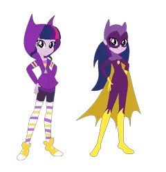 Size: 668x696 | Tagged: safe, artist:sunmint234, derpibooru import, discord, twilight sparkle, human, equestria girls, batgirl, blue, clothes, eye, eyes, female, hair, hero, humanized, image, jacket, looking at you, png, purple, shoes, shoes only, socks, solo, yellow