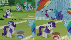 Size: 1280x720 | Tagged: safe, derpibooru import, edit, edited screencap, editor:quoterific, screencap, rainbow dash, rarity, pegasus, pony, unicorn, season 8, the end in friend, spoiler:s08, bucket, female, flying, image, magic, mare, open mouth, open smile, png, smiling, spread wings, telekinesis, wings