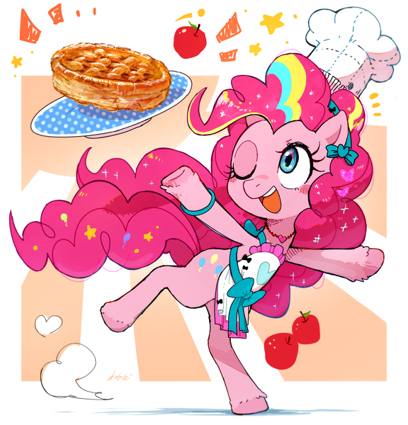 Size: 2612x2720 | Tagged: safe, artist:nendo, derpibooru import, pinkie pie, earth pony, pony, apple, apron, blushing, bracelet, chef's hat, clothes, cute, diapinkes, food, hat, image, jewelry, necklace, one eye closed, open mouth, pie, png, rainbow power